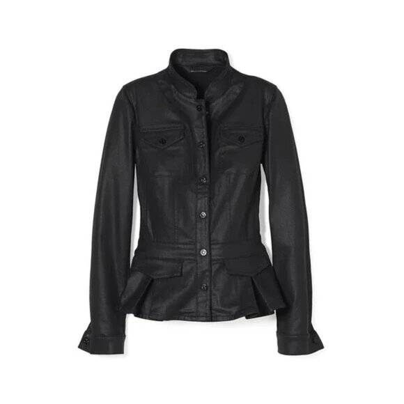 WHBM Coated Denim Peplum Trucker Jacket L18 Jean Black Sz M - Picture 1 of 7